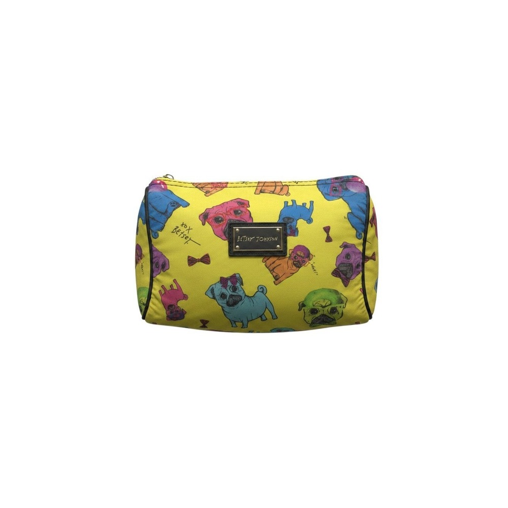 Betsey Johnson Makeup Bag Womens OS Yellow Good Pug Dog Print Wristlet Pouch